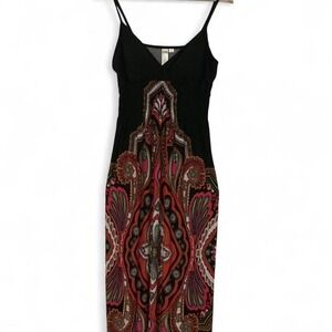 Black and red paisley print maxi dress with spaghetti straps